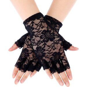 Women's Black Floral Short Lace Gloves Sunblock Fingerless Bridal Opera Party